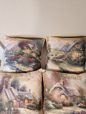 Set of 4 Thomas Kincaid Cottage Scene Throw Pillows - Pastel Multi
